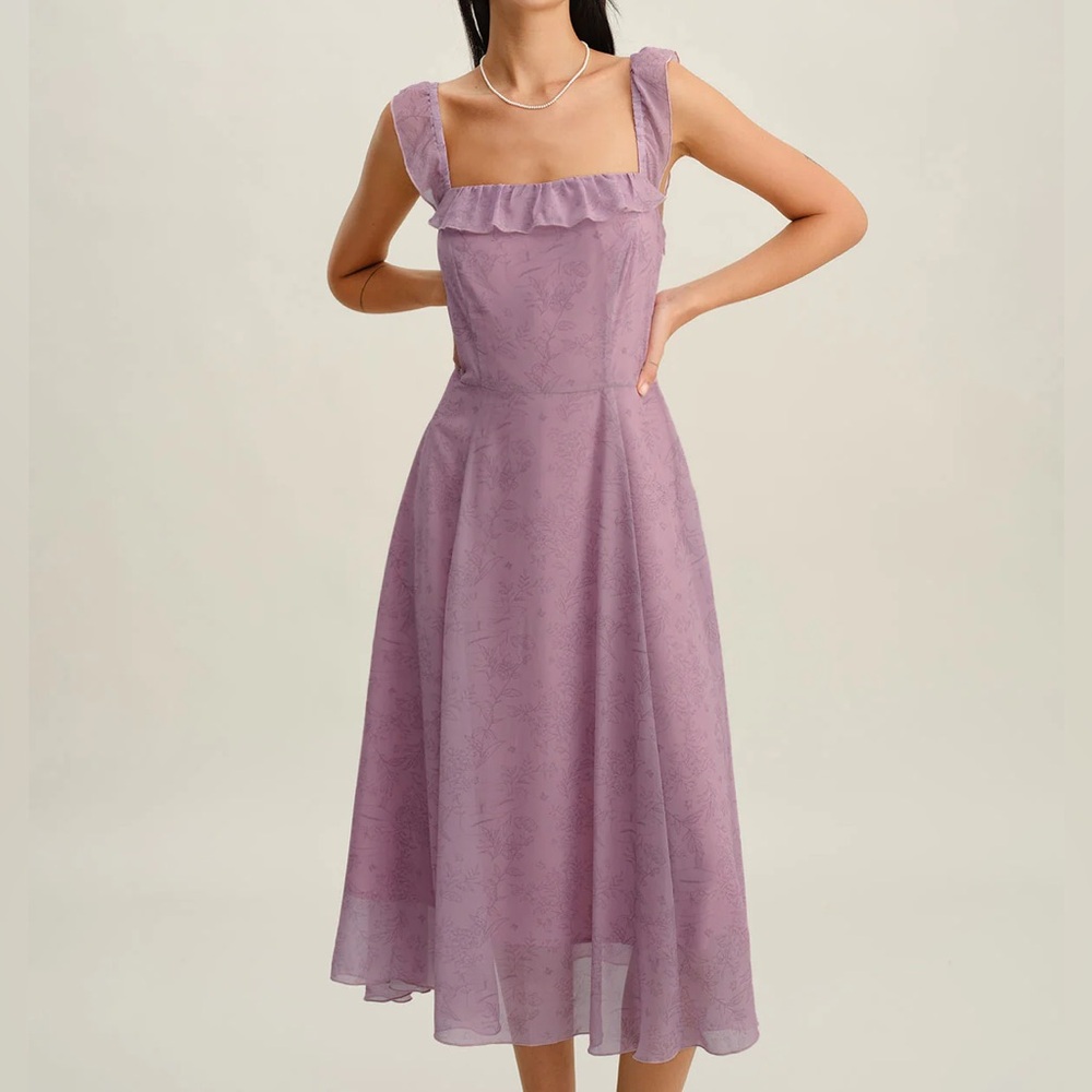 Rihoas Purple Floral Square Neck Ruffle Slip Midi Dress - Picture 6 of 10